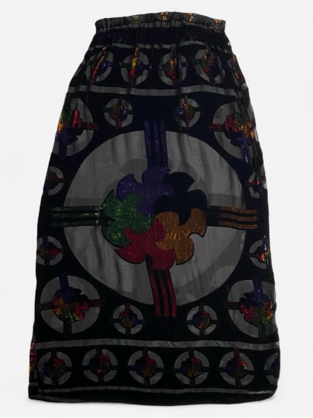Vintage sheer multicolor black velvet burnout maxi skirt